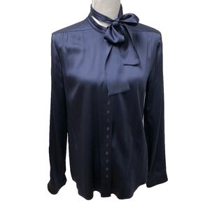 Gucci Tie Neck Silk Blouse Top Womens 42 6 8 Blue Luxury Classic Old Money